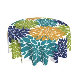 AGAYNA Summer Dahlia Tablecloth Round 60 Inch Teal Blue Yellow Green Floral Table Cloth,Stain Resistance Modern Geometry Flower Decor Table Covers for Kitchen Dining, Tablecloth for Party Picnic