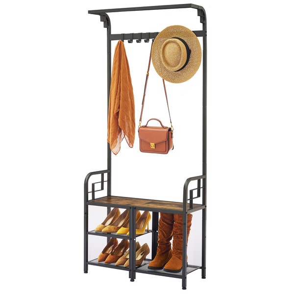 Tajsoon 3-in-1 Coat Rack, Hall Tree with Shoe Bench for Entryway, Rustic Brown and Black