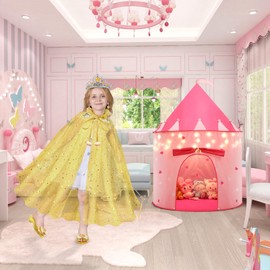 WTOR 15Pcs Princess Castle Play Tent Dress Up with LED Glow in The Dark Stars for Little Girls－Princess Dress Up Cape with Crown,Girl Play Tent/House Toy for Indoor & Outdoor Use (Yellow)