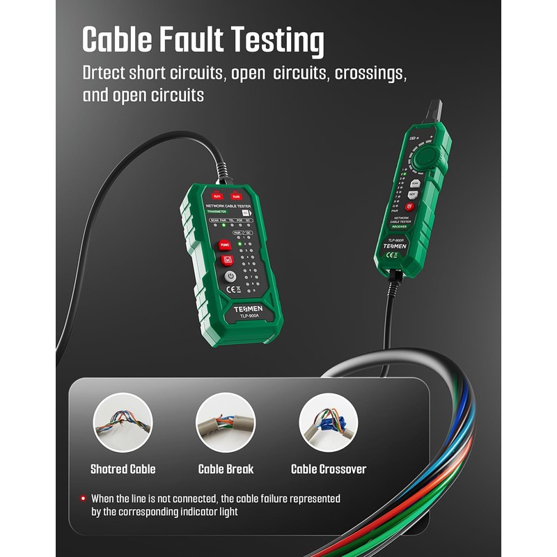 TESMEN TLP-900AR Network Cable Tester, RJ11 RJ45, for CAT5/6/POE/STP, Multi-function