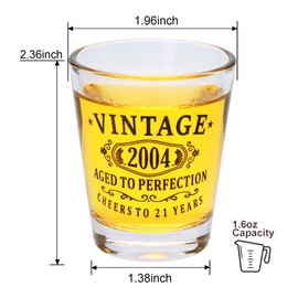 Encheng Happy 21st Birthday Decorations Gifts for Him & Her - Vintage 2004 Black Printed 1.6oz Shot Glasses with Heavy Base, Cheer to 21 Years Birthday Party Favor Gifts for Women,Men,2 Pack