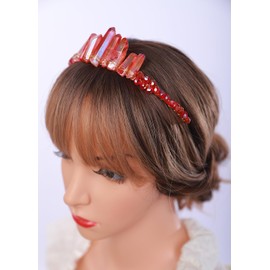 Teyglen Red Raw Crystal Quartz Headband Clear Crystal Headband Moon Goddess Hair Band Hoop Mermaid Witch Bride Headpiece Hair Accessories for Women Girls (Red)