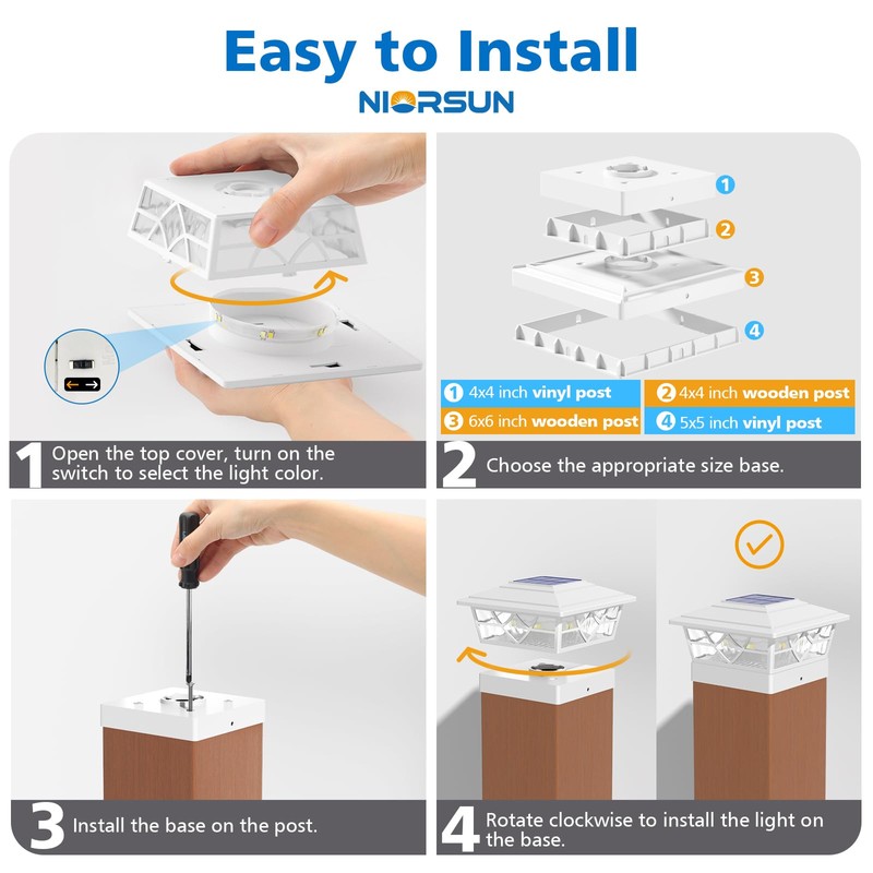 NIORSUN Solar Post Lights Outdoor 12 Pack, 2 Modes LED,