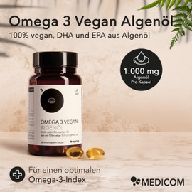 Medicom - Omega 3 Vegan Algenöl mit Omega-3-Algenöl: 1.000 mg, davon DHA: 300 mg; EPA: 150 mg, Made in Switzerland, 60 Kapseln