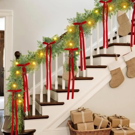 Suncalla 6 ft Christmas Garland with Red Bow, Artificial Lighted Pine Garlands with White Lights, Battery Operated Real Touch Artificial Faux Greenery for Holiday Indoor Outdoor Decor