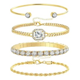 KUOAEAYE 4pzs Pulseras Oro para mujer,joyeria Oro dama,Brazalete ajustable.regalo De Aniversario.regalos Para Mujeres,Novia,Mamá,pareja.