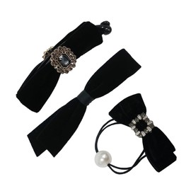 3Pcs Black Velvet Banana Pin & Ribbon Hair Clip & Hair Tie Set Elegant Black Hair Accessories with Rhinestone Pearl Details for Women and Girls