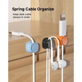 9 Pack Cord Organizer, Spring Cable Management, Adhesive Cute Cable Holder Clips, Phone Charger Wire Keeper for Desk Nightstand Car Office (9-Pack Black_Orange_Blue)
