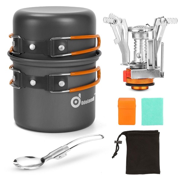 Odoland Camping Cookware Set With Stove for 1-2 People - Portable Campfire Stainless Steel Cook Gear Traveling Cooking Equipment Utensils Outdoor Cooking Kit for Trekking Hiking Picnic…