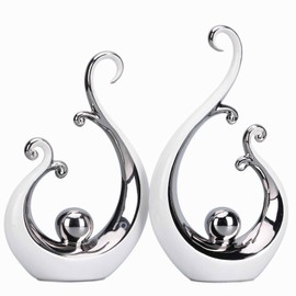 DOVDOV White and Silver Ceramic Abstract Statues Set of 2, Modern Art Deco Accents, Unique Home Decor, Coffee Table Decor, Shelf Decor, Room Decor, Coffee Table Decor Aesthetics.