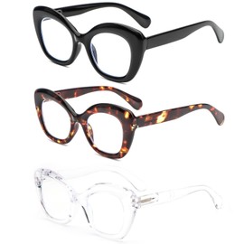 REAVEE 3 Pack Oversized Cat Eye Reading Glasses for Women Men Stylish Blue Light Blocking Lenses, Black+Leopard+Clear, 0.0