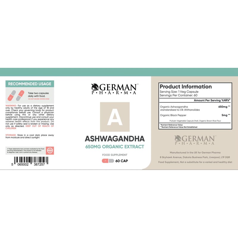 Ashwagandha Organic 650mg | 60 Vegetarian Capsules | 5% Withanolides