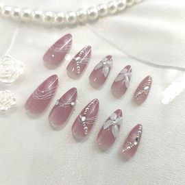 Almond Press on Nails Medium Fake Nails with 2D Flower Rhinestones Glitter Line Designs Cat Eye Nails Press ons Glossy Glue on Nails Purple Acrylic Nails Cute Stick on Nails for Women 24Pcs