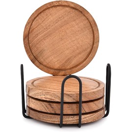 Indus Lifespace Coasters Set of 4 with Iron Holder for Dining Table Tabletop Protection Décor (10.16cm x 10.16cm x 1.27cm) (Set of 4)