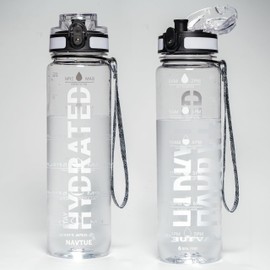 NAVTUE Water Bottle, 32 oz Sports Water Bottles with Time Marker Wide Mouth, Motivational and Leakproof Drink Bottle, BPA Free Tritan with Carry Strap for Gym Fitness Outdoor(Direct Drink)