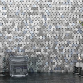M MOFIT Kitchen Backsplash Tiles Peel and Stick Hexagon Penny Tile,Small Mosaic for Stove Backsplash(10pcs,Blue Grey)