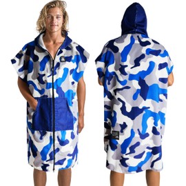 Pilotfish Surf Poncho Changing Robe Towel - Hooded, Zippered Towel Poncho for Beach, Surfing, Swimming | 2 Front Pockets, Machine Washable, (Water Camo, Large)