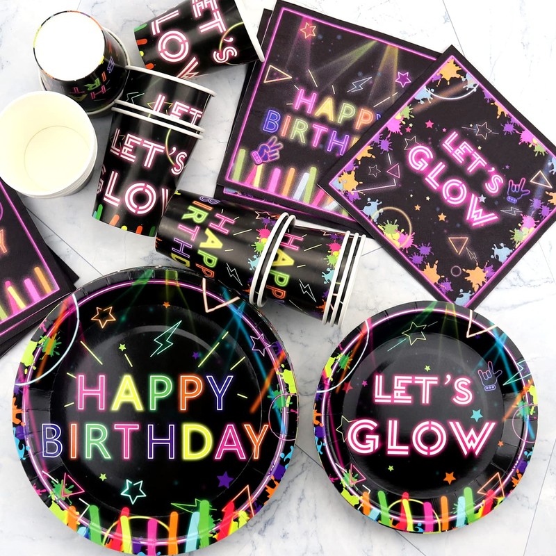 Glow Neon Party Tableware Supplies Serves 20 - Includes Plates,