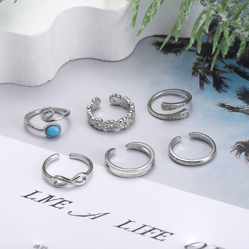 FIBO STEEL 6Pcs Toe Rings Adjustable Open Toe Rings for