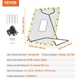 VEVOR Baseball And Softball Rebounder Net, 3 x 4.5 ft PitchBack Baseball Pitching Nest, 3-Way Baseball, Softball Pitchback Net, Fielding Trainer, Bounce Back Net for Fielding/Throwing Practice:_4 x 4.5 ft - Adjustable Angle