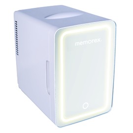 Memorex MX-FR690 6.5L Mini Beauty Lighted Mirror Fridge | Portable Cooler & Warmer for Drinks, Cosmetics, Medication, AC & Vehicle Adaptors | Eco-Friendly | LED Mirror for Makeup & Skincare