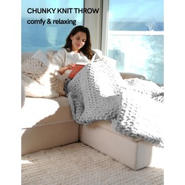 YnM Chunky Throw Blanket, Hand Knitted with Chenille Yarn, Skin Friendly, Ventilated and Breathable, Machine Washable, Home Décor Piece for Couch, Sofa and Bed (Glacier Grey, 60x80 Inch)