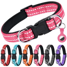 AUAUY Reflective Nylon Dog Collars, Double Security Adjustable Classic Pet Collars with Soft Neoprene Padding AirTag Case, Dual D-Ring Quick Release Buckle for Small, Medium and Large Dogs(Rose Red-M)