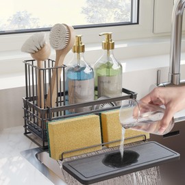 NANAGIFTREE Sponge Holder for Kitchen Sink, Sink Caddy with Instant Drying Mat & Hook, Rustproof Waterproof Stainless Steel Kitchen Organizer, Soap Dispenser Storage (Black, 9.25"x3.7"x5.5")