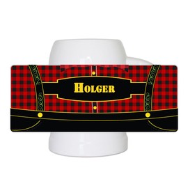 Bierkrug mit bayerischem Lederhosen-Motiv und Namen Holger personalisiert | Bier-Humpen | Bier-Seidel