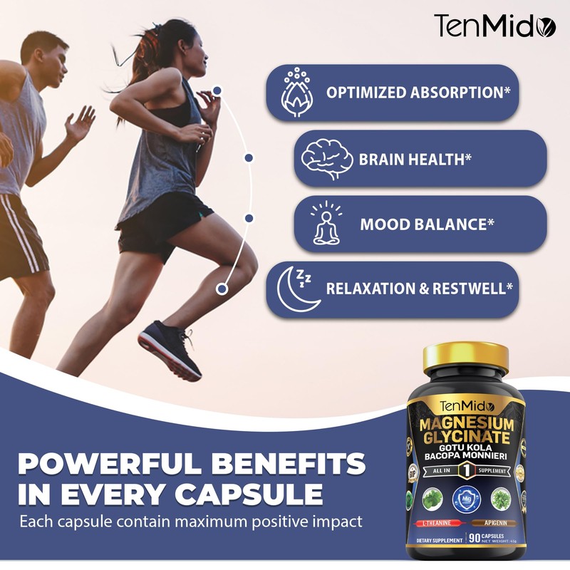 Tenmido Pure Magnesium Glycinate Supplements - 6in1 with Gotu Kola,