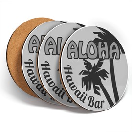 Destination Vinyl ltd Great Coasters (Set of 4) Round - BW - Aloha Hawaii Bar Travel Surf Palm Tree Drink Glossy Coasters/Tabletop Protection for Any Table Type #39877