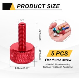 sourcing map 5 Pcs M4x12mm Flat Head Knurled Thumb Screws, Solid Aluminum Alloy Fully Threaded Thumbscrew Bolts Fasteners for PC Computer Cases Graphics Card, Red