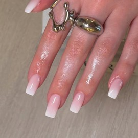 Ombre Pink Nails Press ons Press on Nails Medium Square Glue on Nails Medium Length, Short Acrylic Nails Glue on Medium Coffin Nails Fake Nails False Nails for Women, Thick Solid Color Gel Nails 24Pcs