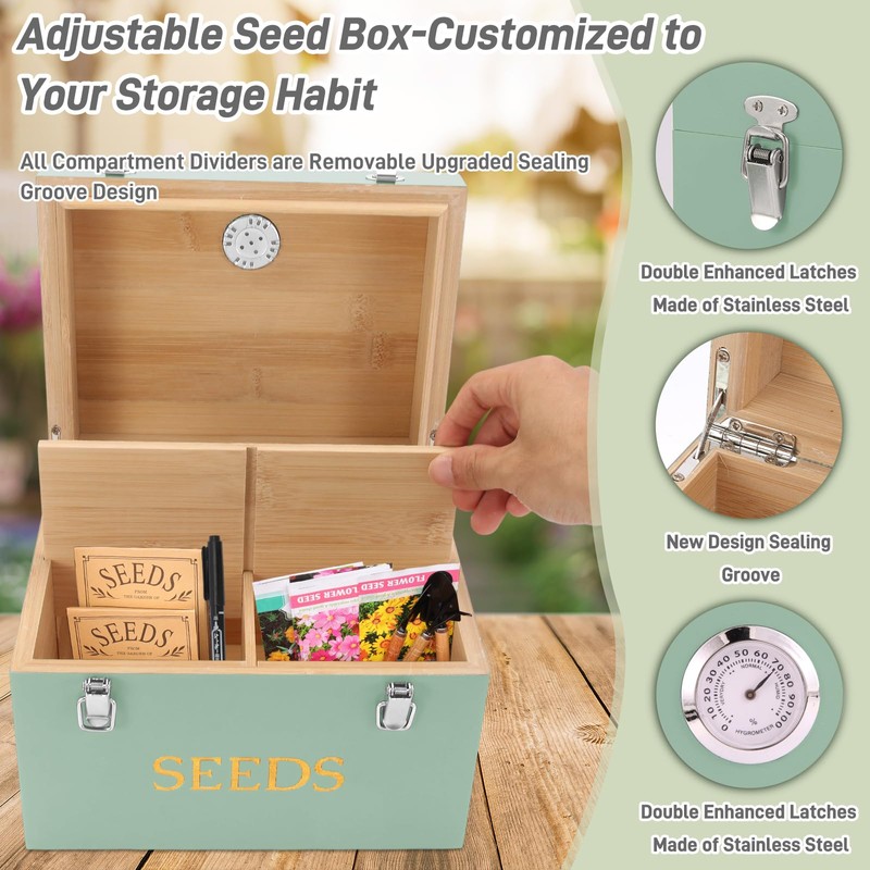 Professional-Designed Bamboo Seed Storage Box with Built-in Hygrometer, Double-Layer Airtight