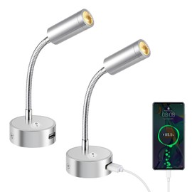 ERWEY Set of 2 LED Reading Lamps, 12 V, Motorhome with Flexible Gooseneck and USB Charging Port, 3000 K, Warm White, DC 12 V-24 V Spot for Boat, Caravan, Interior Lighting, Yacht, Hardwired Wall
