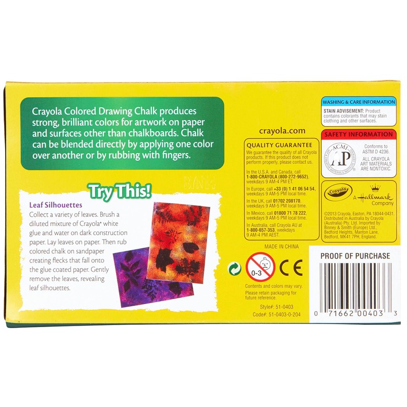 Coloured Drawing Chalk, 12 Assorted Colours, 12 Sticks/Set, Pack of
