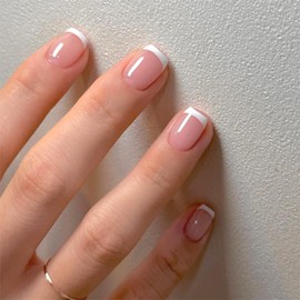 White French Tip Press on Nails Glossy Nude Fake Nails with Design Short Square Acrylic Nails for Women