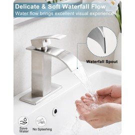 HOIGY Brushed Nickel Bathroom Faucet Single Handle, Brass Waterfall Bathroom Sink Faucet 1 Hole or 4 Inch 3 Hole Bathroom Faucets with Deck Plate & Pop-up Drain Supply Hose for Lavatory No Splashing