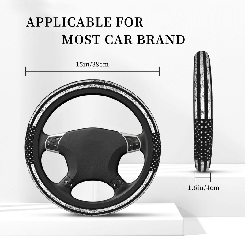 Black White American Flag Elastic Steering Wheel Cover, Non-Slip Breathable