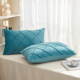 JAUXIO Diamond Pinch Pleated Crystal Velvet Pillowcases 2 Pack Solid Pintuck Throw Cushion Cover for Home Decor Hidden Zipper Closure (Teal Blue, Standard)