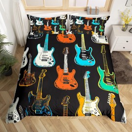 Castle Fairy Guitar Lightweight Bedspread Rock Bass Musical Instrument Bedding Set 2pcs for Kids Teens,Watercolor Electric Guitar Comforter Cover (No Filling) Soft Quilt Cover Room Decor