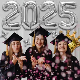 Large 2025 Balloon Numbers - 42inch Silver Graduation Balloons Class of 2025, 2025 Number Balloons with Star Crown Balloon for Graduation Party Decorations 2025, Congrats Grad Decorations