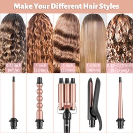 5 in 1 Hair Curling Iron Wand Set PTC Fast Heating Hair Crimper Professional Hair Styling Tools LCD Temp Control with Hair Straightener, Ceramic 3 Barrel Hair Waver Surprise Gift for Women Girl
