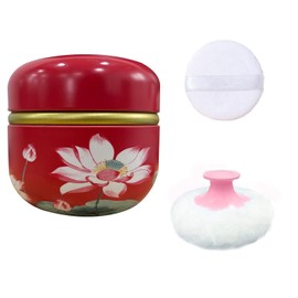 Qopoto Body Powder Puff and Container for Dusting Powder, Women Powder Puff and Powder Case for Bath and Travel (Lotus Red)