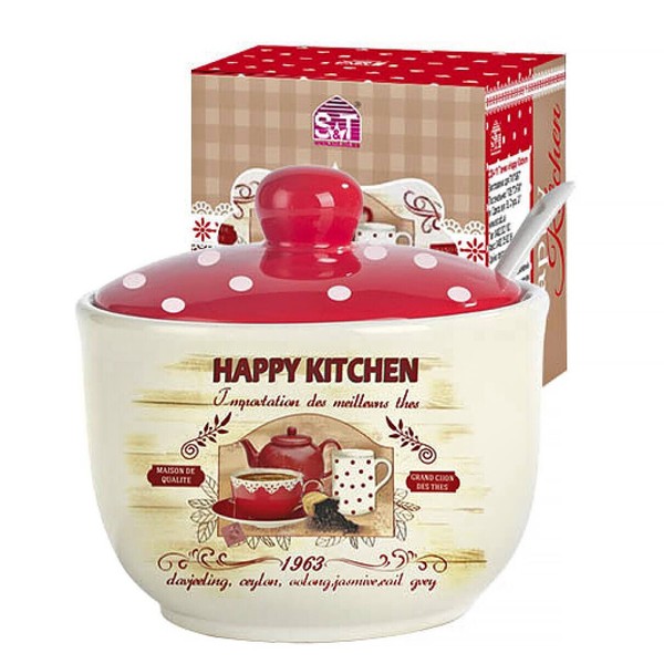 STPGoods Happy Kitchen Ceramic Jar with Spoon Lidded Sugar Bowl