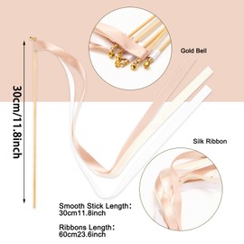 Whaline 40Pcs Wedding Ribbon Sticks with Bells White Champagne Streamers Fairy Stick Wands Ribbon Tassel Wands for Baby Shower Send Off Party Activities Holiday Celebration Supplies