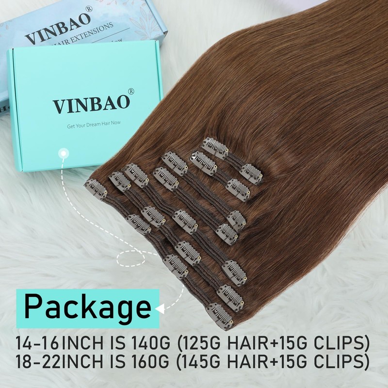VINBAO Clip-In Real Hair Extensions Brown 160 g 45 cm