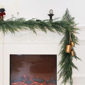 9FT Christmas Cedar Garland Full Real Touch Artificial Green Faux Cypress Realistic Pine Garland for Mantle Fireplace Table Home Decoraiton