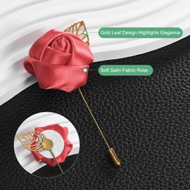 M METERXITY 12-Pack Flower Lapel Pins for Men, Golden Leaf Rose Boutonnieres Pin for Wedding/Dance/Party, Mens Lapel Pins for Suits Satin Flower Corsage Hat Pins [Watermelon Red]