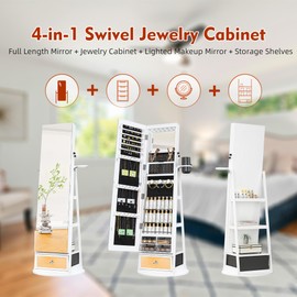 NUNU LAB Mirror Jewelry Cabinet Standing with 6 LEDs Built-In Mirror, Lockable Jewelry Organizer with 360° Swivel Full Length Mirror & Drawer, Jewelry Armoire with 3 Storage Shelves